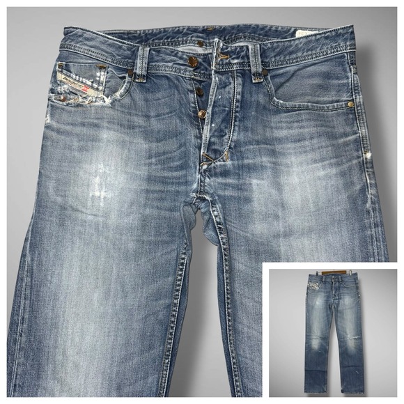 Diesel Jeans Mens 33x34 Blue Larkee Straight Leg Whiskered Faded Distressed 801Z - Picture 1 of 16
